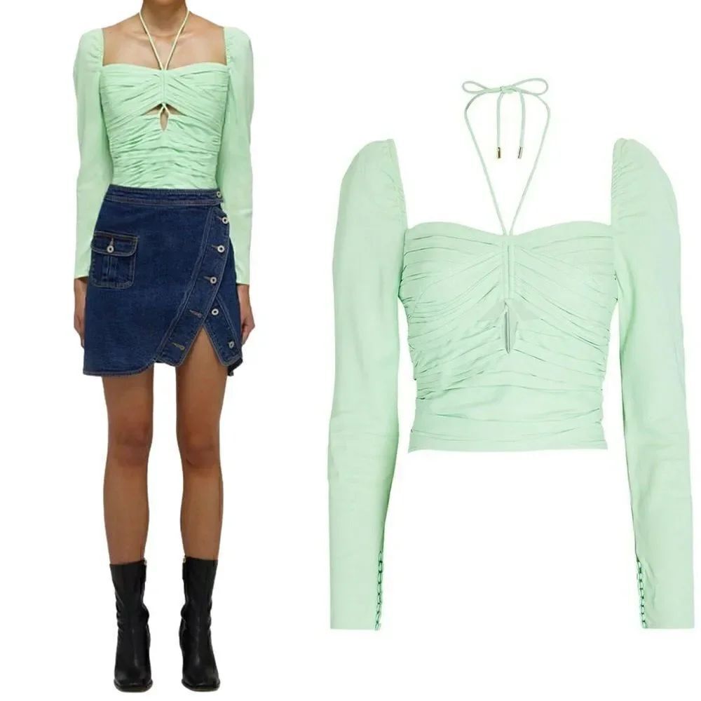 Self Portrait Crepe Green Crop Top Blouse Stretch Atterley Size 0